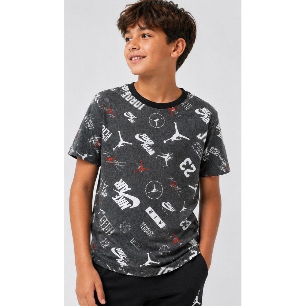 Jordan Boys All Over Print T-Shirt Size M 10-12 Gray Nike Air Jumpman 23